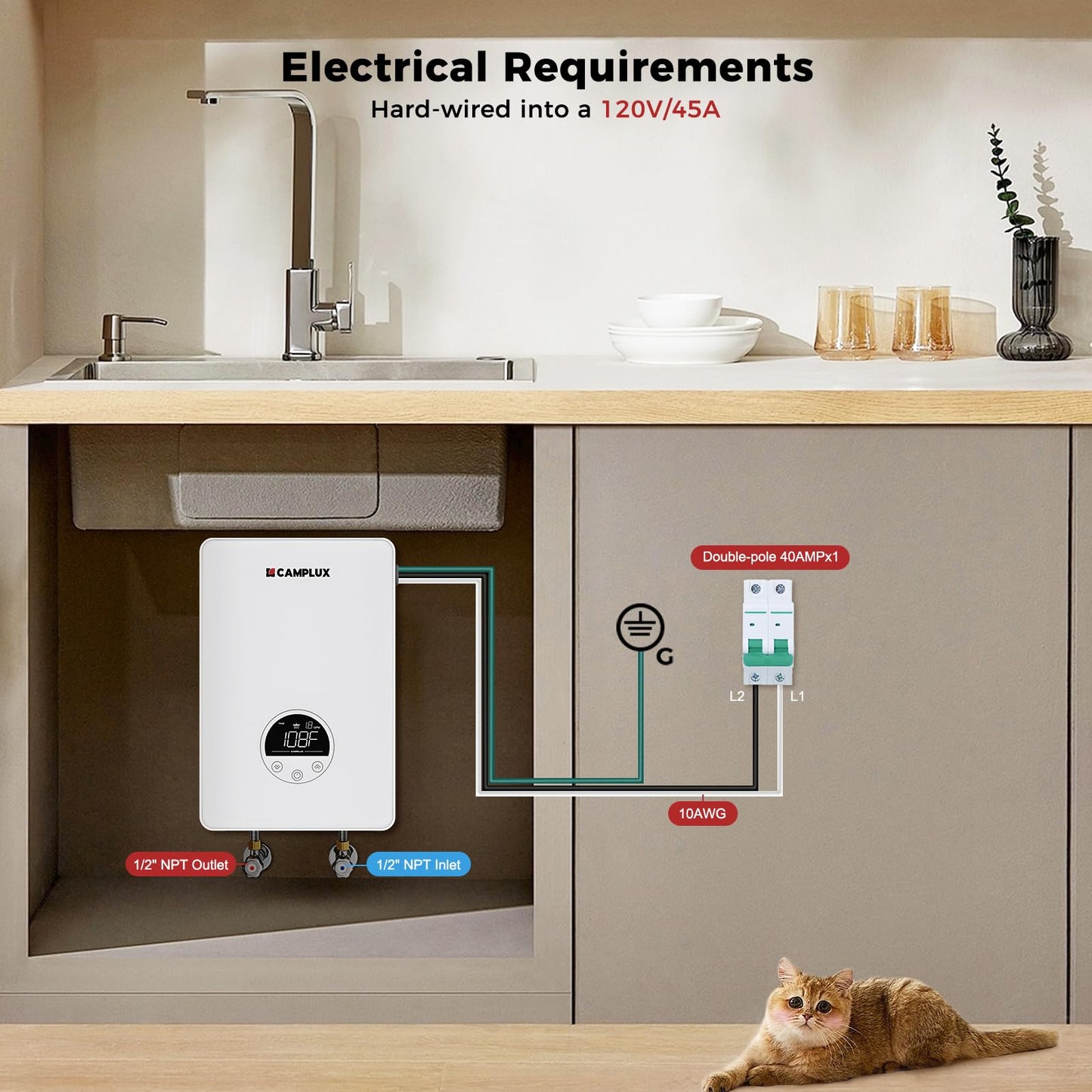 CAMPLUX Tankless Water Heater Electric 4.5kW 110~120V Small Instant Hot Water Heater, Point-of-Use, Save Space for Sink Wall Mounted LED Digital Display CSA Certified TE05