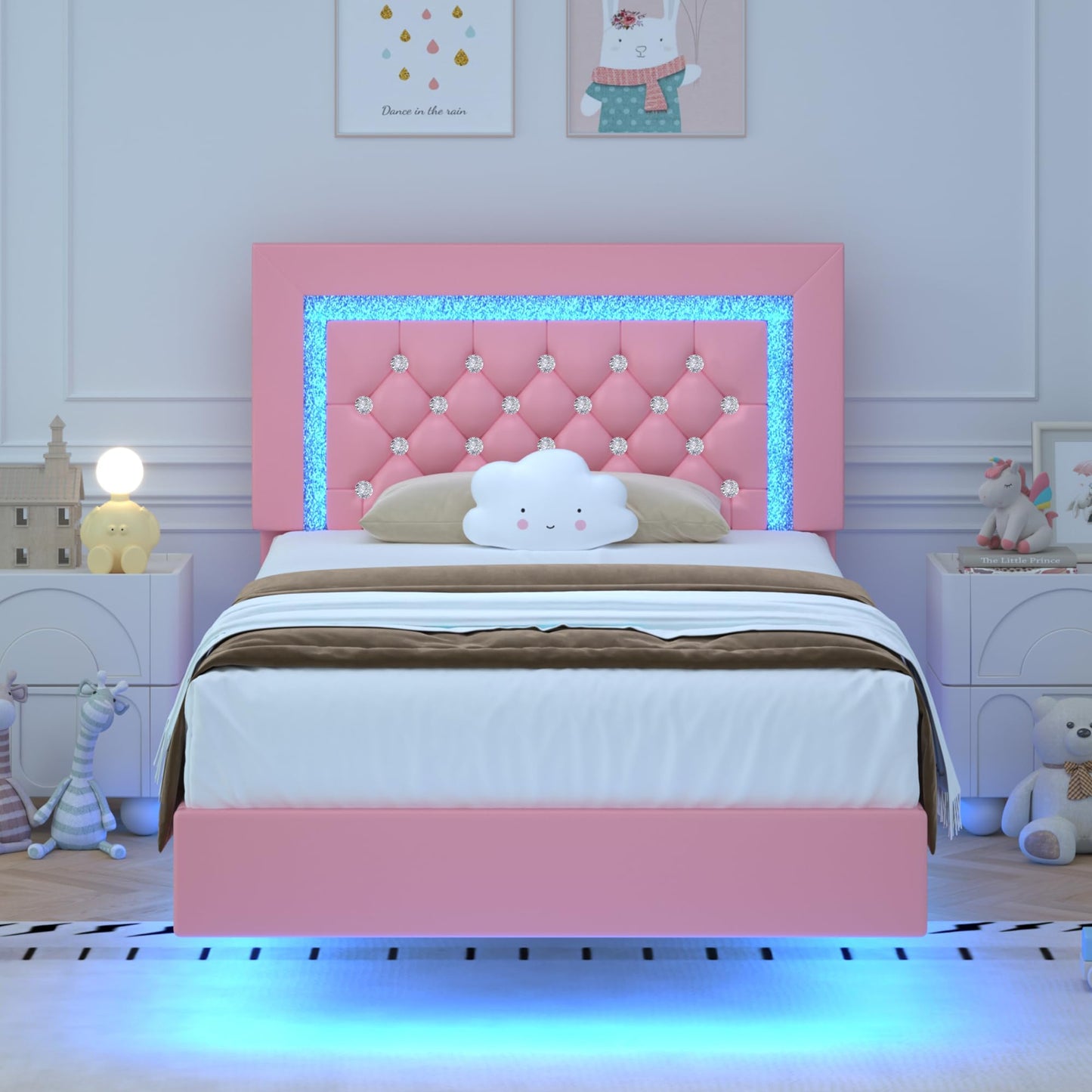 Pink Floating Bed Frame Twin with LED Lights, Upholstered Platform Bed with Diamond Tufted Headboard, No Box Spring Needed, Noise Free, Easy Assembly