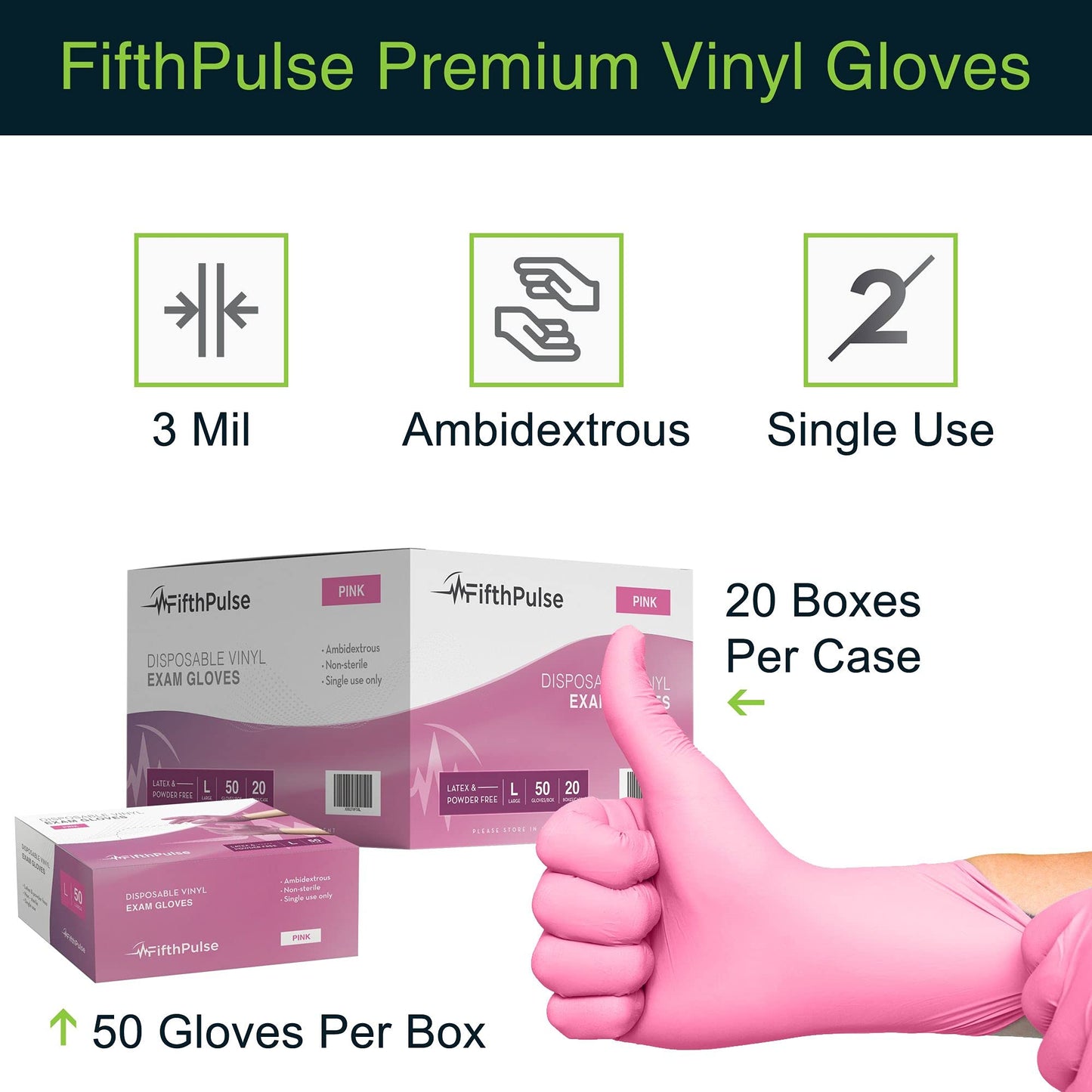 Pink Vinyl Disposable Gloves Medium 50 Pack - Latex Free, Powder Free for Medical Exam, Surgical, Home, Cleaning, and Food - 3 Mil Thickness