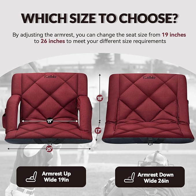 25inch Extra Wide Stadium Seat, Thick Bleacher Chair with Back Support and Cushion, 6 Reclining Positions Bleacher Seat with Armrest, Upgrade Sofa Style Stadium Chair for Sport Events and Outdoors