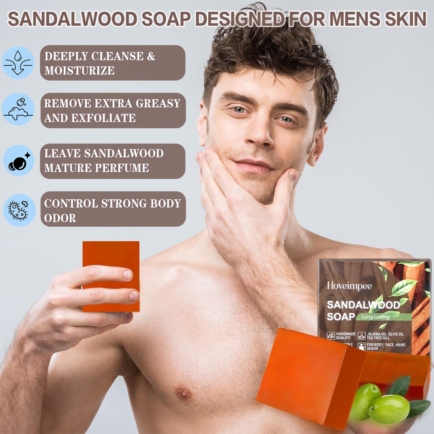 3 Pack Sandalwood Mens Bar Soap, Natural Soap Infused Jojoba and Olive Oil, Gently Exfoliate and Refresh Body and Face, Control