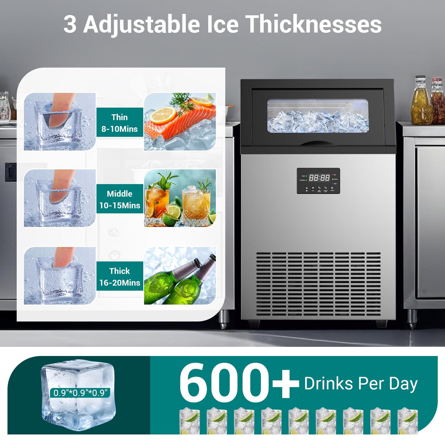 ETL Approval Commercial Ice Maker Machine 150 Lbs/24H Stainless Steel, with 50Lbs Storage Bin, Under Counter or Freestanding Ice Maker, 45 Ice Cubes in 8-15 Minutes for Home & Commercial