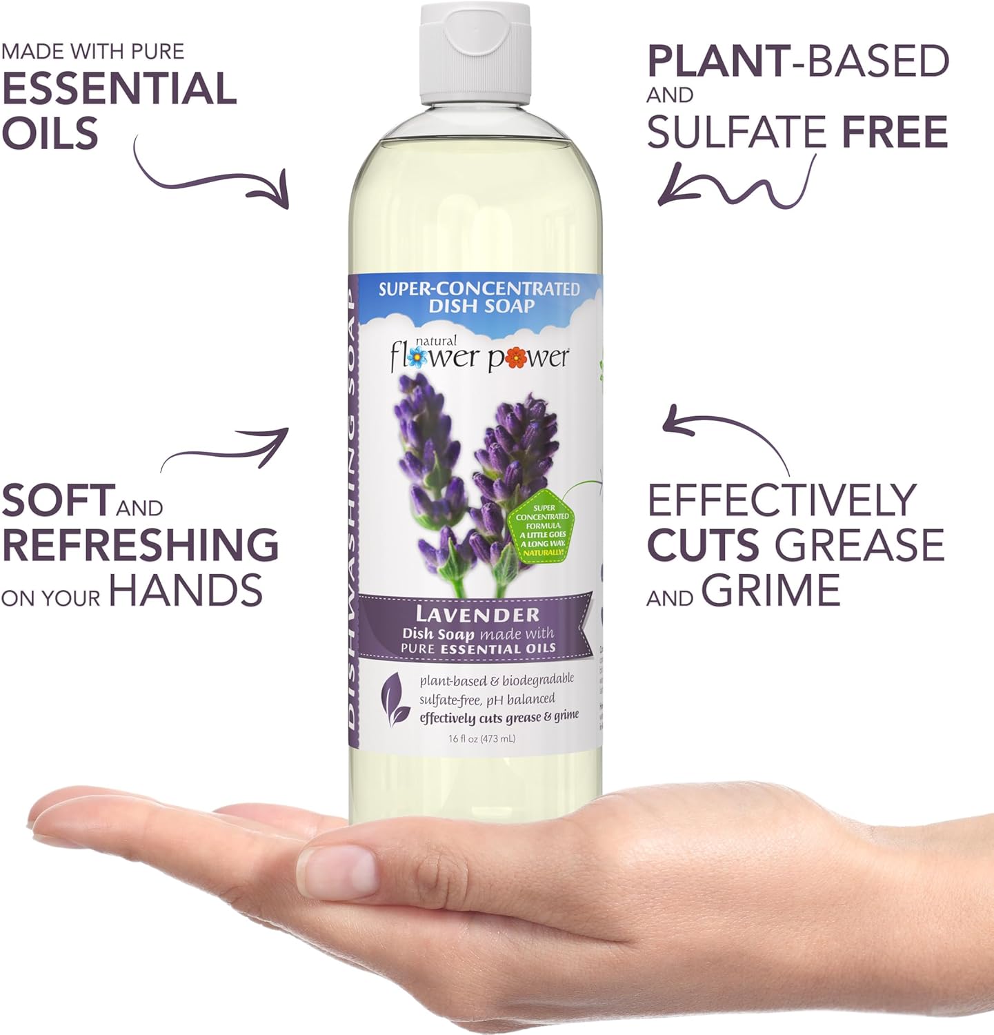 Natural Flower Power Liquid Dish Soap – Variety Pack – Citrus & Spice, Lemongrass, & Lavender – Plant-Based & Scented w/ Pure Essential Oils – Sulfate-Free Kitchen Soap – Vegan (16 Fl Oz 3 Pack)