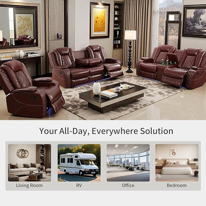 Toseslo Power Recliner Sofa Set, Brown Leather 3 Pieces Sectional Couch, Living Room Furniture Sets with LED Light, Modern Power Reclining Sets with Storage Console/Cup Holder for Living Room