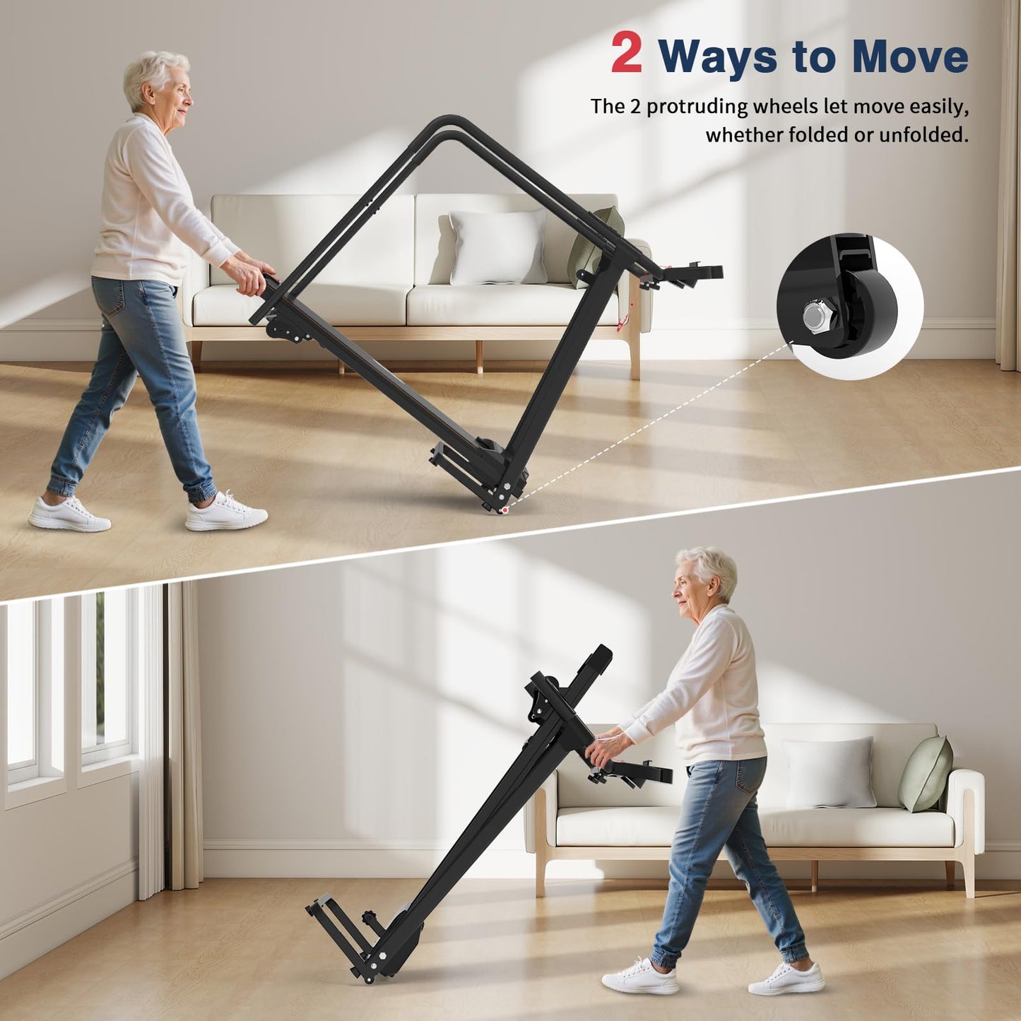 Redliro Treadmill for Seniors with Long Handrails - Foldable Walking Treadmill for Home Small, 300 lbs Capacity, 0-2% Incline, Auto Lube, Mute & Quick Speed Button, Elder Recovery, Cup & Phone Holder