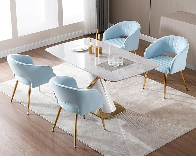 KCC Modern Accent Dining Chairs Set of 2, Upholstered Velvet Dining Room Chairs with Hollow Back, Tufted Kitchen Chairs Side Chair with Gold Metal Legs for Living Room Restaurant, Baby Blue
