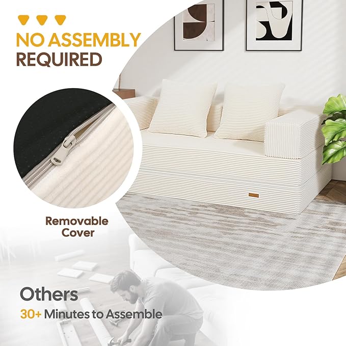 COMAX Futon Sofa Bed, 4‑in‑1 Convertible Sofa Bed, Folding Boneless Couches for Living Room, Fold Out Small Foldable Loveseat Floor Sleeper Comfy Mattress Lounge Space‑Saving, Beige