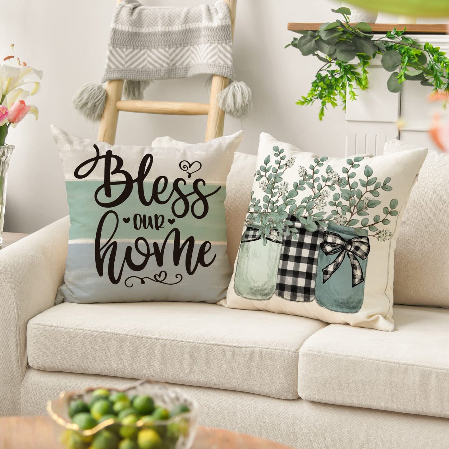 AVOIN colorlife Spring Sweet Home Eucalyptus Lamb Ear Wreath Throw Pillow Covers, 18 x 18 Inch Bless Our Home Buffalo Plaid Cushion Case for Sofa Couch Set of 4