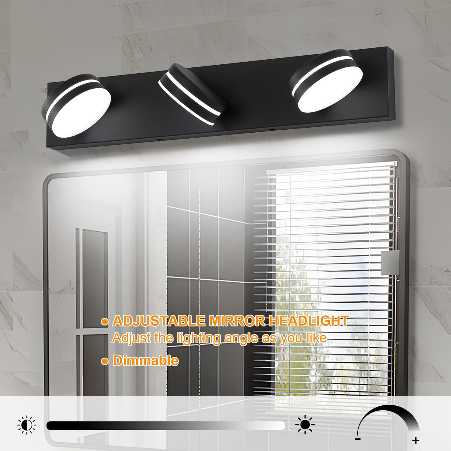 Bicrink 3-Light Bathroom Vanity Light Over Mirror, (24inch Dimmable) Matte Black LED Vanity Lighting Fixtures, Modern Bathroom Wall Light Fixtures with 360°Rotating Lamp Head (Cool White 5500K)