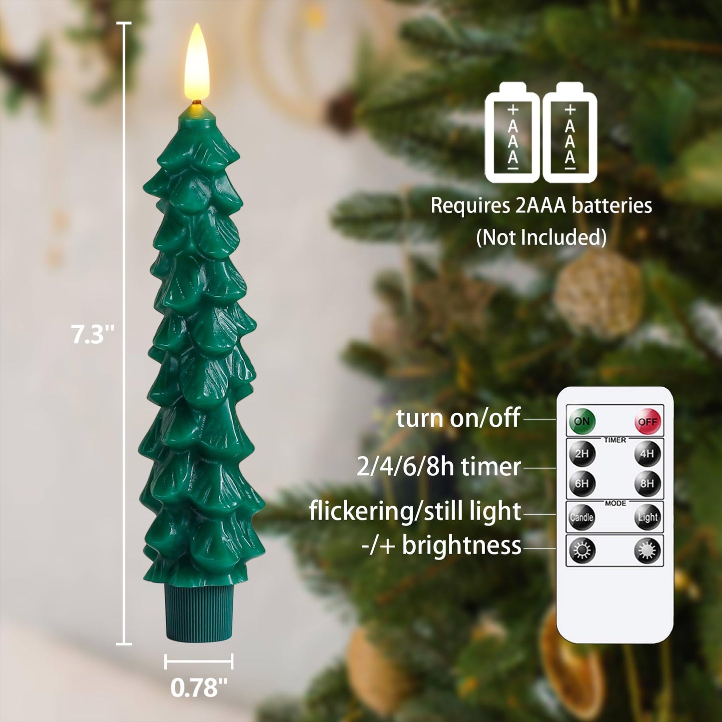 Zevanor Green Tree Flameless Real Wax Taper Candles With Remote Timer, Battery Operated Flickering 3D Wick Led Candlesticks 0.78
