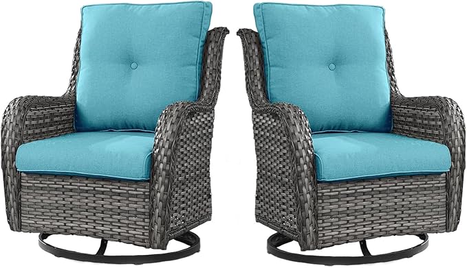 Belord Outdoor Swivel Rcoker Wicker Chairs - Swivel Patio Chairs Set of 2 Patio Furniture Sets with Covered Cushion for Porch Deck Balcony Backyard, Turquoise Cushion