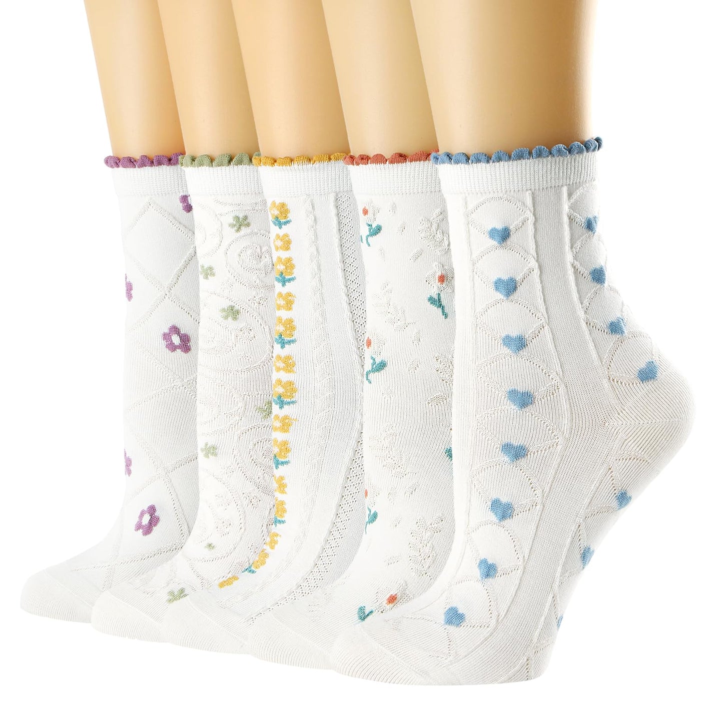 albagu Womens Crew Cute Socks Cotton Thin Breathable Casual Sock for Women Novelty Funny Flower Dress White Socks 5 Pack