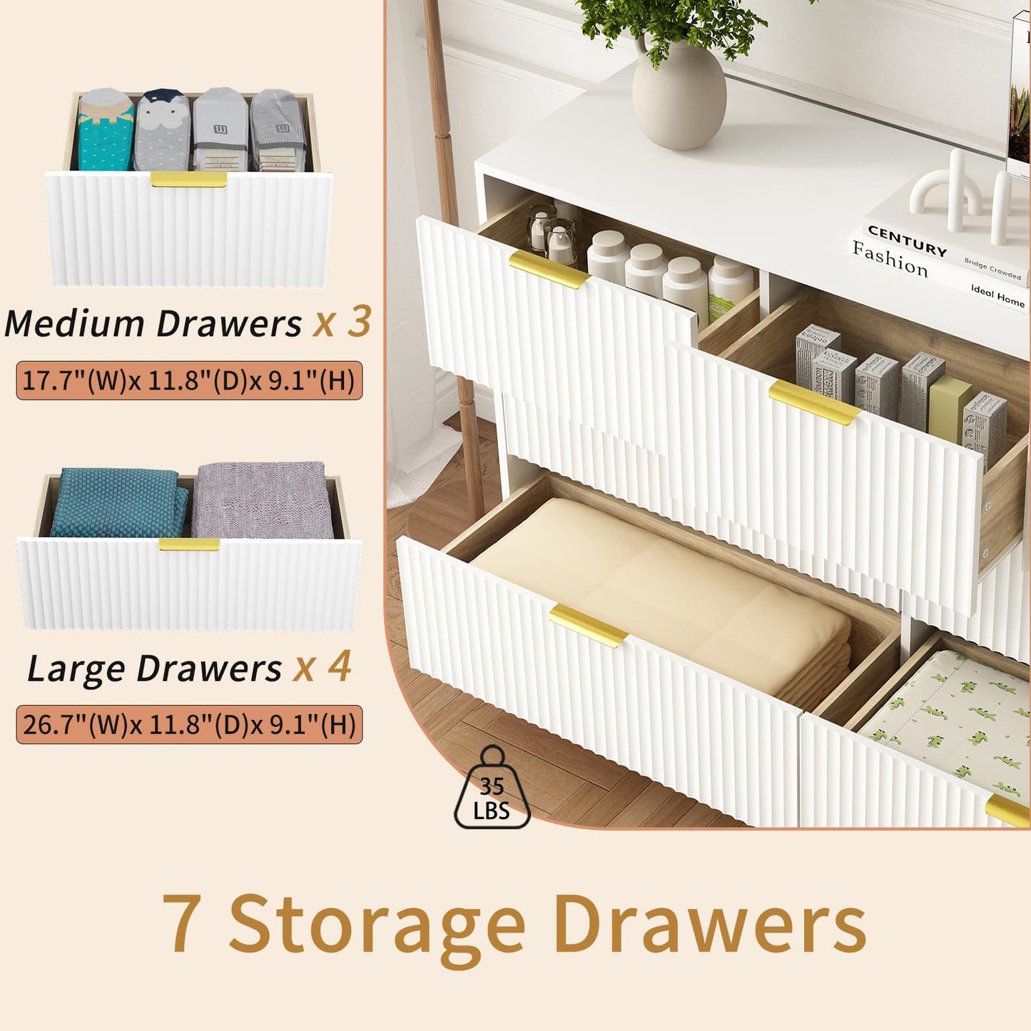 Sscaktu 7 Drawer Dresser and Nightstand Sets for Bedroom, 3 Pcs Bedroom Set，Night Stand Set of 2 & 7 Drawer Dresser with Gold Handles, Modern Wood Chest of Drawers Storage Cabinet Set, White