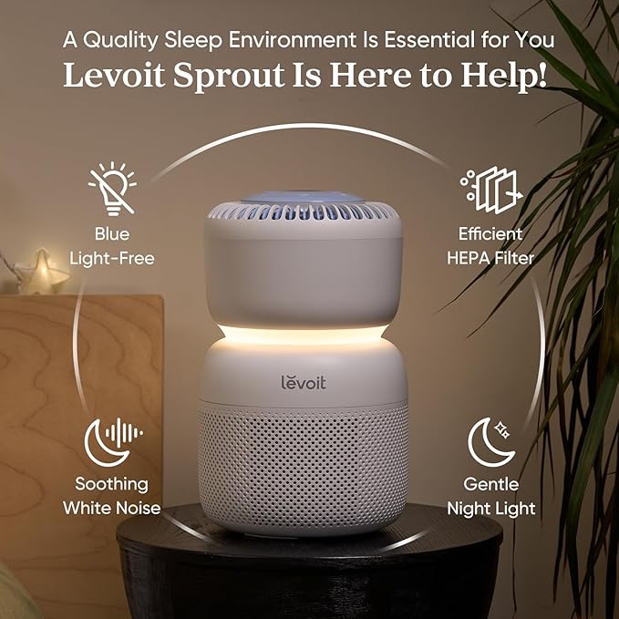 LEVOIT Air Purifier for Home Bedroom with HEPA Filter, White Noise Sound Machine and Blue Light-Free Night Light Support Better Sleep, AHAM VERIFIDE, 5 Air Quality Monitor, Smart WiFi, Sprout