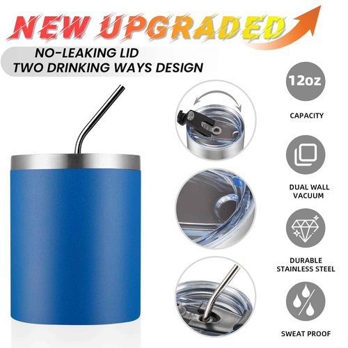 MEWAY 12 oz Lowball, Tumbler Stainless Steel Double Wall Vacuum Insulated Mug with Straw and Lid, Cleaning Brush ，Durable Powder Coated Insulated Coffee Cup for Cold & Hot Drinks (Navy, 12 pack)