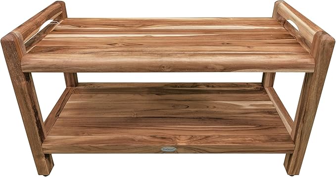 EcoDecors Eleganto 34 Inch Natural Color Waterproof Teak Wood Shower Bench Stool Seat Chair For Inside Shower Provides Safety, Storage, and Organization For Bathroom Accessories