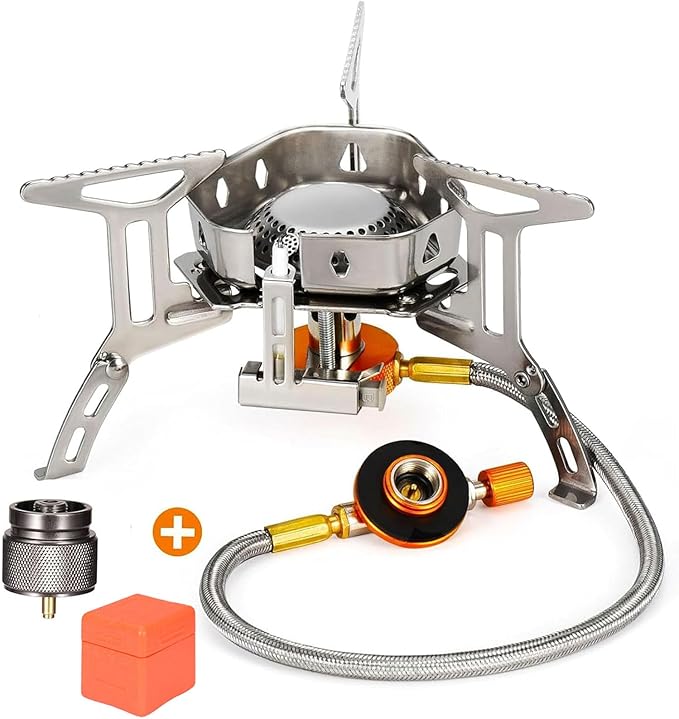 Portable Backpacking Stove with Piezo Ignition Windproof Camping Gas Stove Camp Stove Foldable Burner with Propane Caniste...