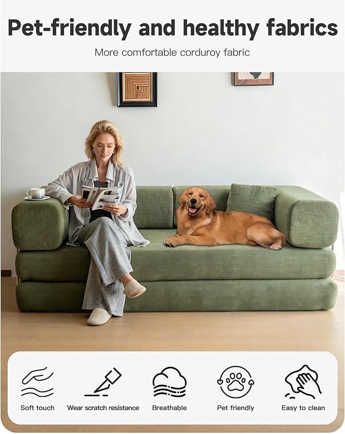 No Assembly Convertible Sofa Bed & 79" Boneless Couch with Pocket , 5-in-1 Futon Sofa Bed with 2 Pillows Modular Pull Out Couch Bed with Frame,Compression in Box for Living Room Small Spaces Green
