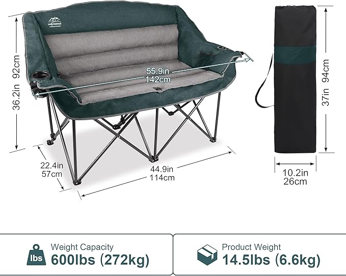 LANMOUNTAIN Fully Padded Folding Double Camping Chairs,Comfy Oversized Loveseat Lawn Chair w/Wine Glass Holder,Cup Holder,Heavy Duty Outdoor Portable Camp Couch Support 600 Lbs,Dark Green