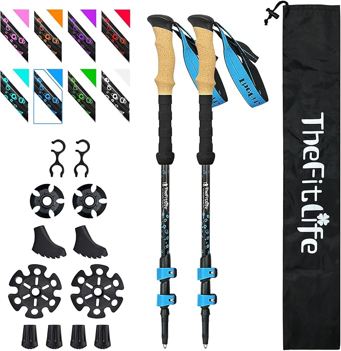 TheFitLife Carbon Fiber Trekking Poles – Collapsible and Telescopic Walking Sticks with Natural Cork Handle and Extended E...