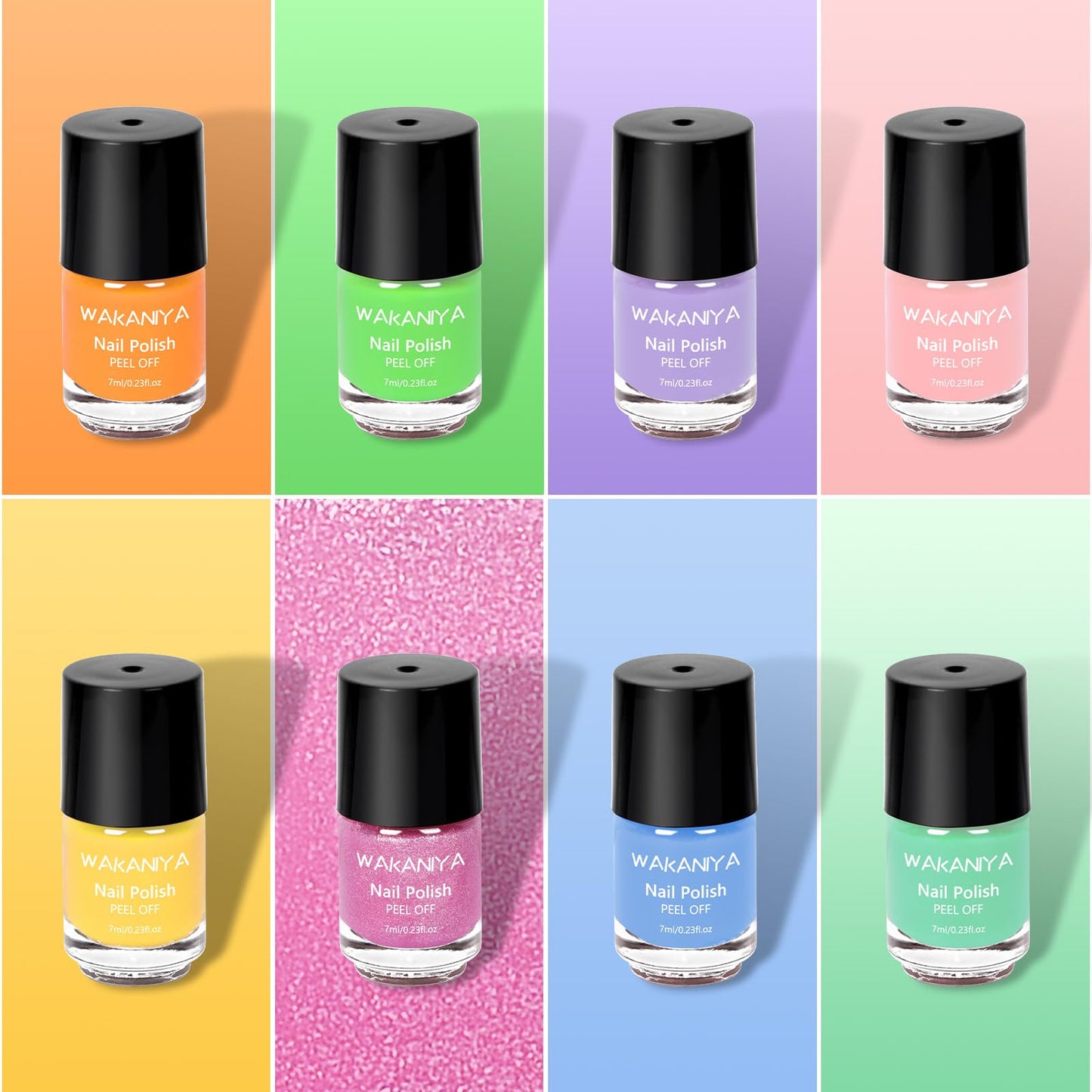 wakaniya Kids Nail Polish Non Toxic Quick Dry Peel-Off Mini Toddler Nail Polish Kit with Gems Stickers 8 Colors Girls Nail Set