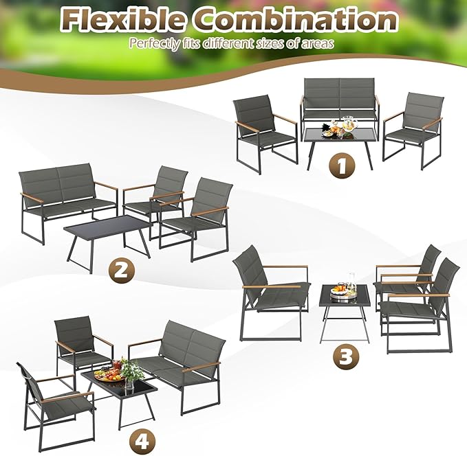 Tangkula 8 Piece Patio Furniture Set, Outdoor Metal Conversation Set with Padded Fabric Seat & Wood-Plastic Armrests, Sectional Sofa Set with Tempered Glass Coffee Table for Backyard, Porch (Gray)