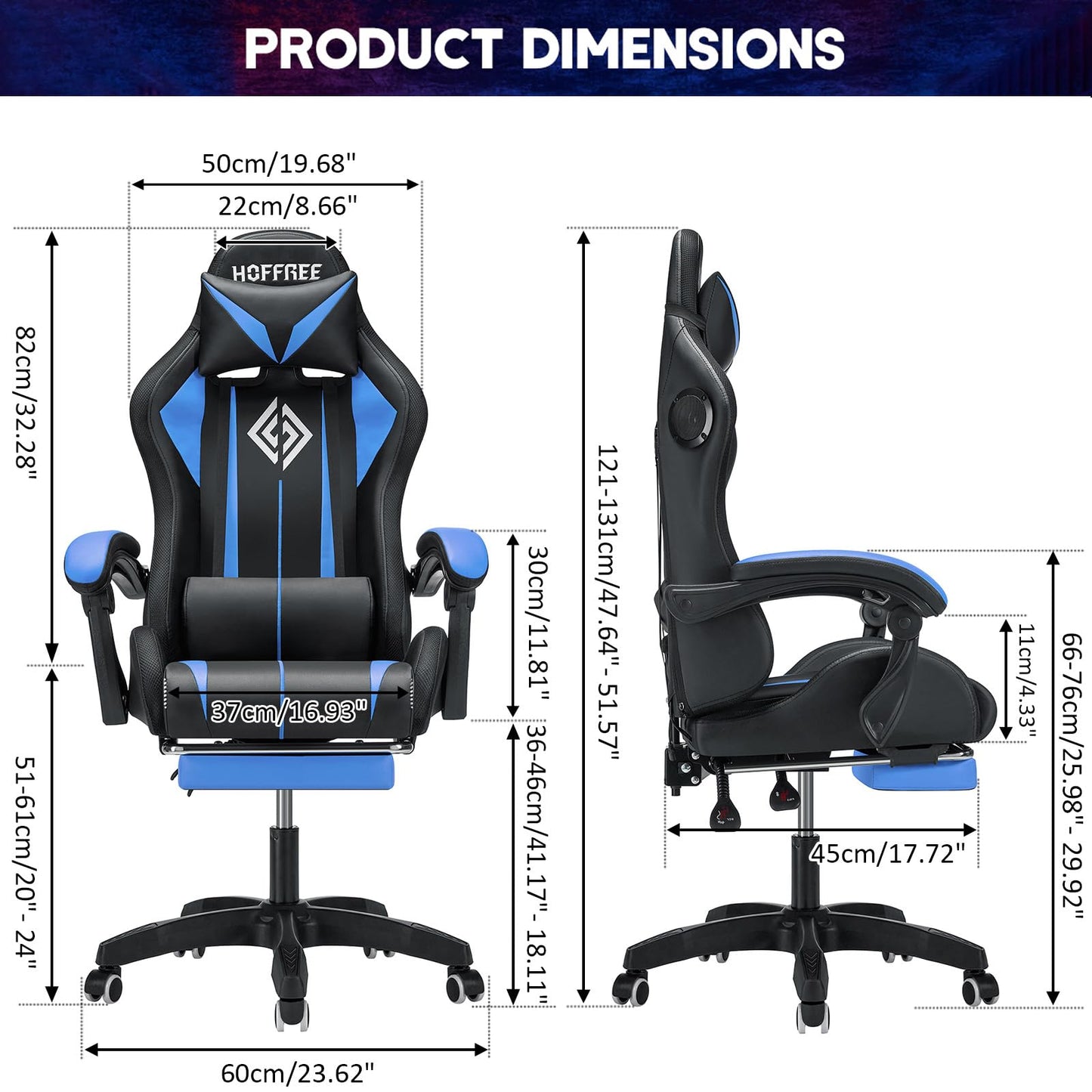 Gaming Chair with Bluetooth Speakers and RGB LED Lights Ergonomic Massage Video Game Chair with Footrest High Back with Lumbar Support Blue and Black