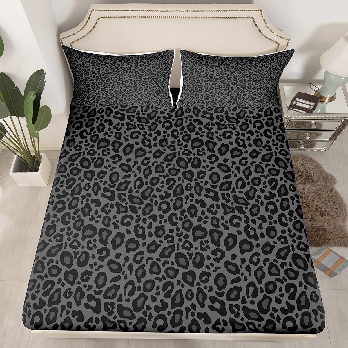 Castle Fairy Leopard Print Fitted Sheet Set Full Size 4 Pcs,Gray Wild Animal Skin Teens Sheets,African Cheetah Wildlife Bedding Sets (1 Fitted,1 Flat,2 Pillowcases) Luxury Deep Pocket Bed Sheets