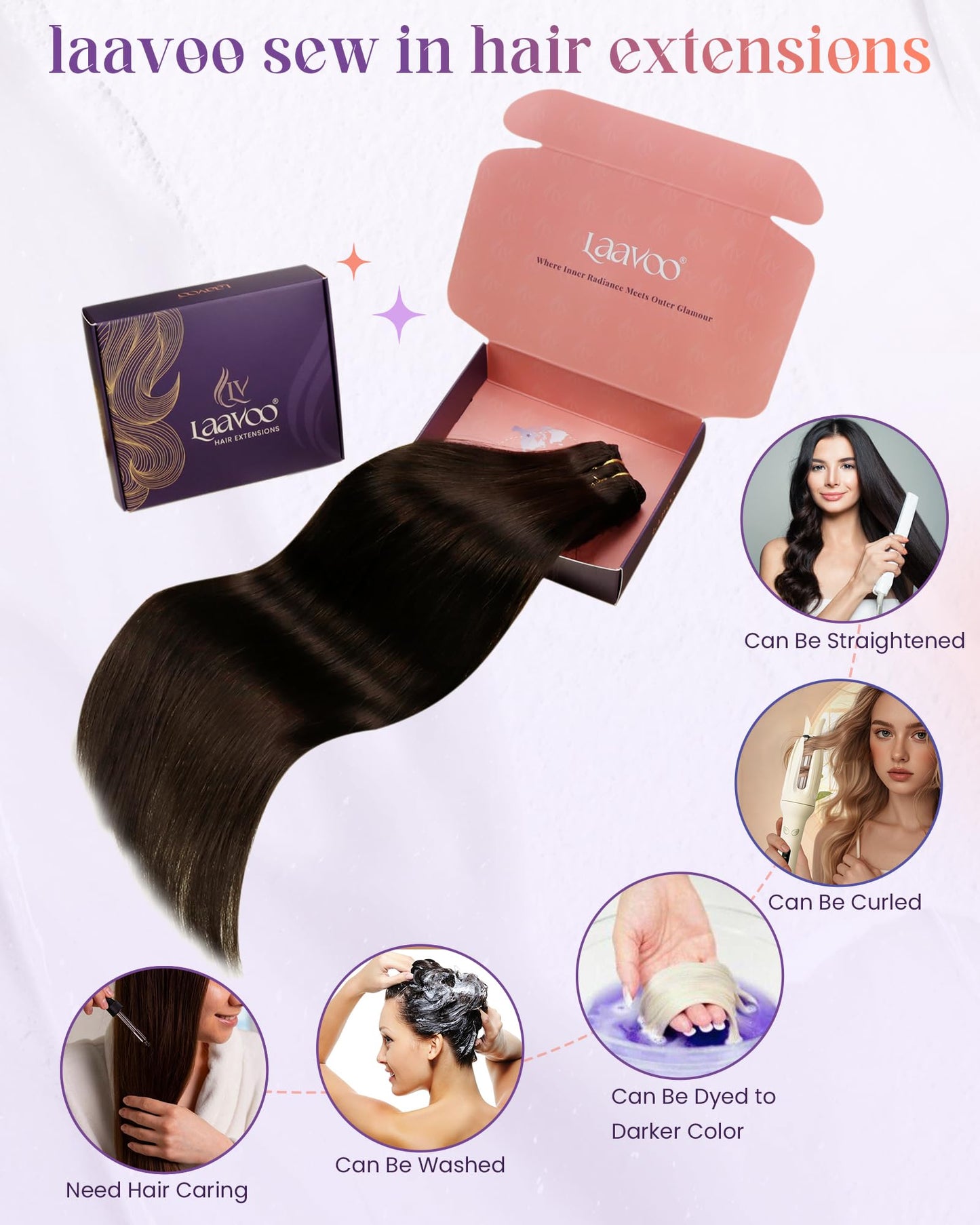 LaaVoo Sew in Hair Extensions Real Human Hair Brown Weft Hair Extensions Short Human Hair Weft Extensions Sew in Dark Brown Silk
