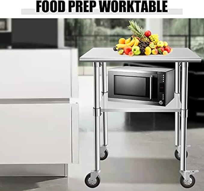 Stainless Steel Table - Metal Table Cart - Commercial Workbench with Caster Wheel - NSF Certified - for Restaurant, Warehouse, Home, Kitchen, Garage,30''x24''