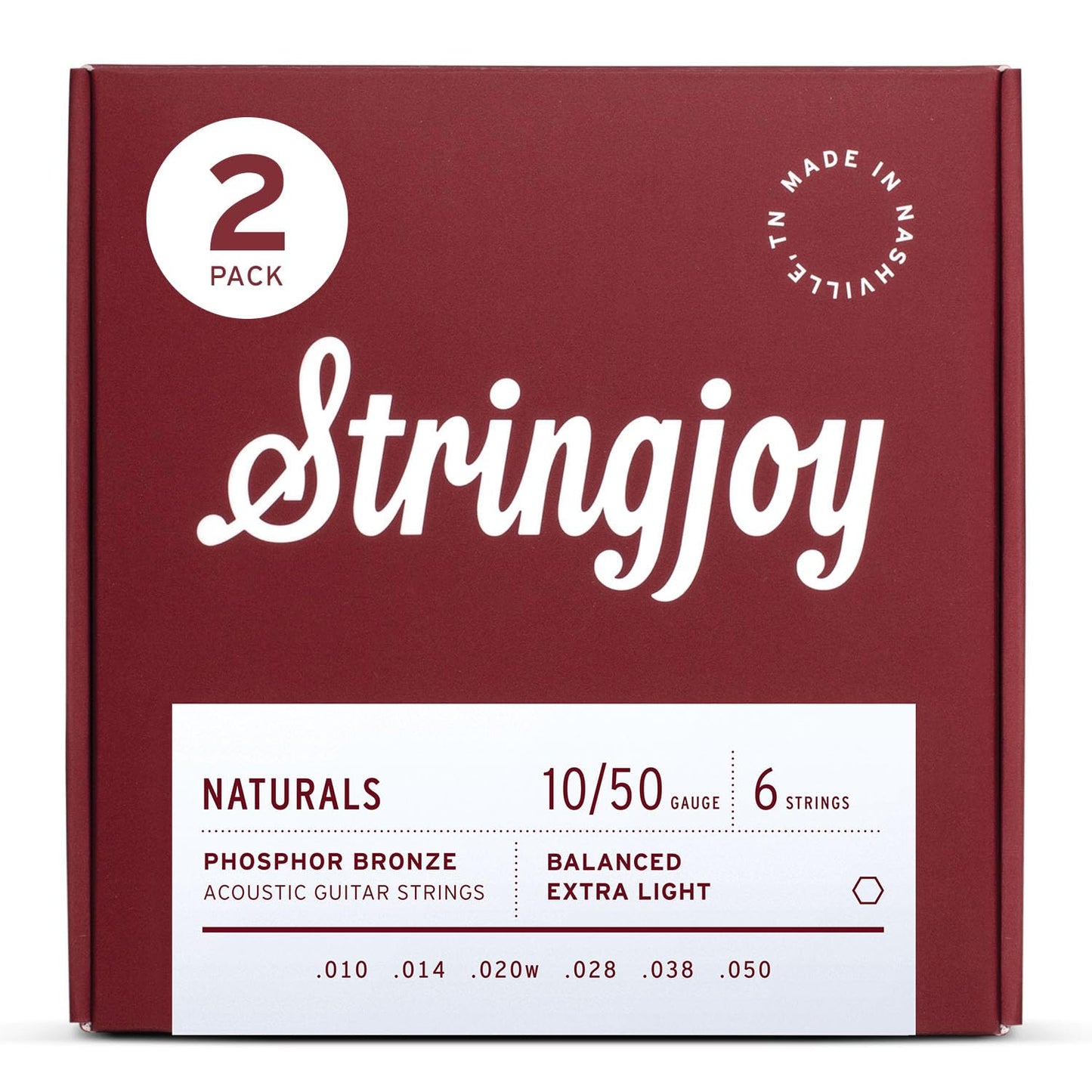 Stringjoy Balanced Extra Light Gauge Naturals Phosphor Bronze Acoustic Guitar Strings 10-50, NB1050, Long-Lasting Clear & Shimme