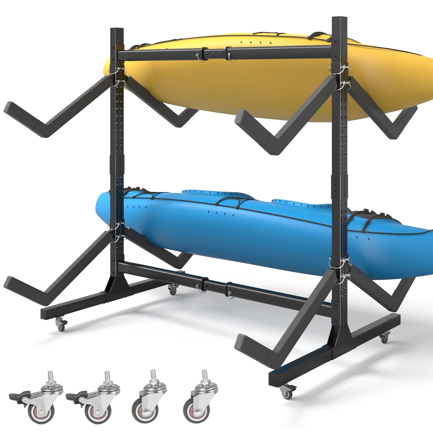 Freestanding Adjustable Kayak Storage Rack, 2 Sides Kayak Bracket, Durable Kayak Rack with Lockable Wheels for Indoor, Outdoor, Garage, Shed, Dock
