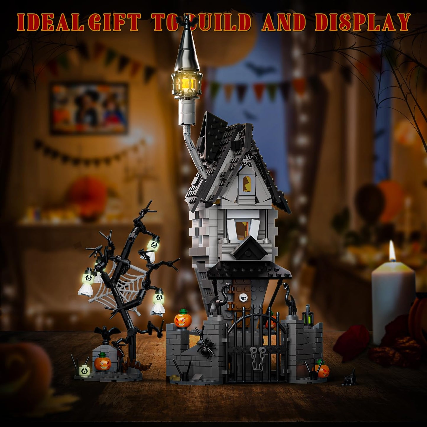 itshWOee Halloween Haunted House Building Set, Before Christmas Haunted Mansion with Light, Luminous Ghost Pumpkin Bat Withered Tree Spider Decor, Halloween for Fans, Adults Kids