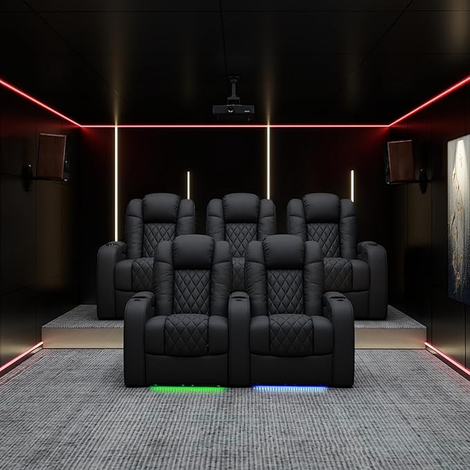 Weilianda Home Theater Seating Top Grain Leather Zero Gravity Recliner Chair Power Headrest Recline Movie Seat Gaming 7 Colors Mood Light Sofa with Tray Table USB Charge Row of 3 Loveseat Right Black
