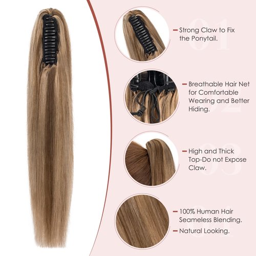 Human Hair Claw Clip Ponytail, Claw Clip Human Hair Ponytail,Effortless Application with Secure Hold,Style in Seconds,Quick Styling Solutions for Busy Lives 16"/109g Medium Brown Mix Dark Blonde