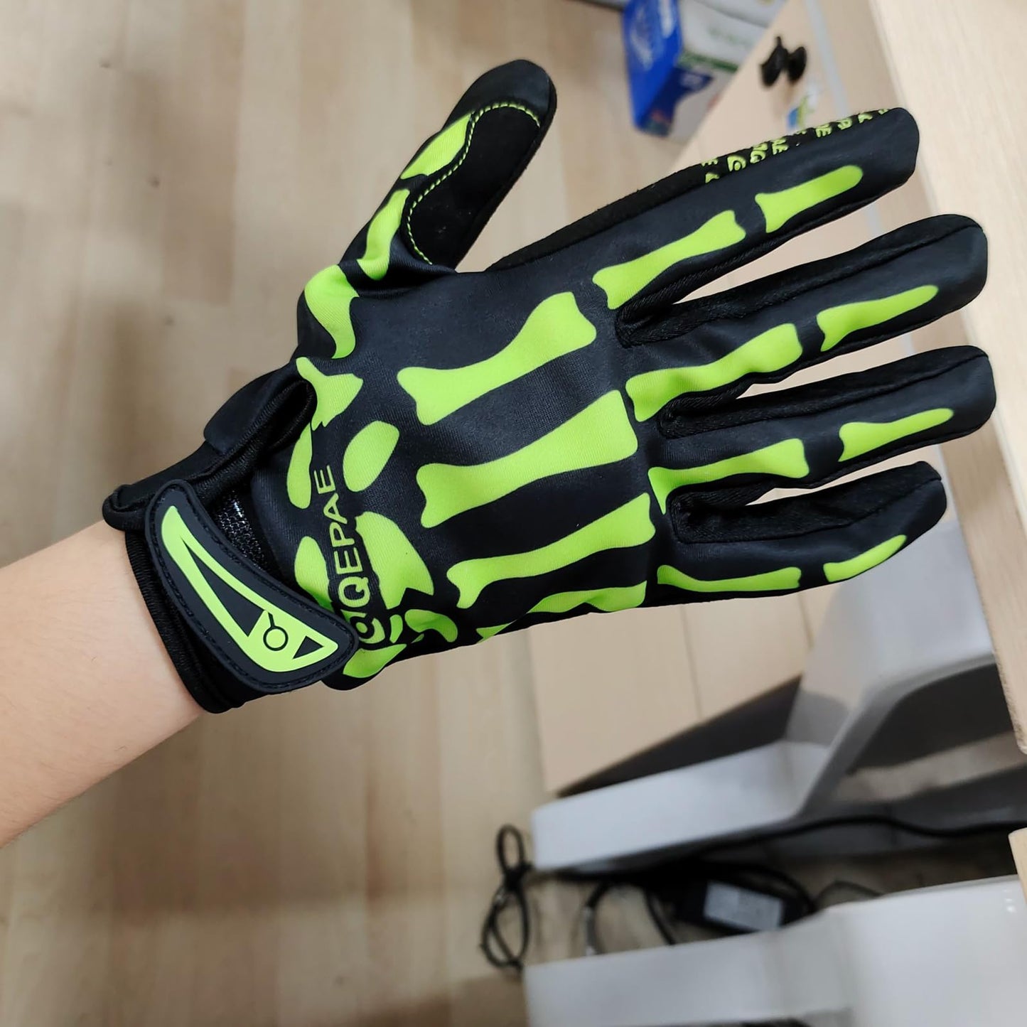 TRIWONDER Skeleton Gloves Cycling Gloves Skull Gloves for Men Women Kids for Bike Bicycle Motorcycles Sports Workout Riding Halloween Breathable Shock-Absorbing (Green - Full Finger, L)