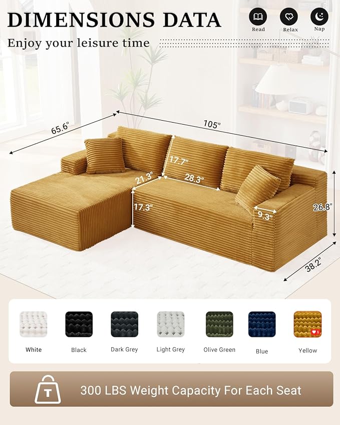 105 Inch Modular Sectional Sofa,Modern Cloud Sectional Couch with Deep Seat,Corduroy Boneless Couches with L-Shape Chaise for Living Room Bedroom,No Assembly Required (Yellow, Left Facing Chaise)