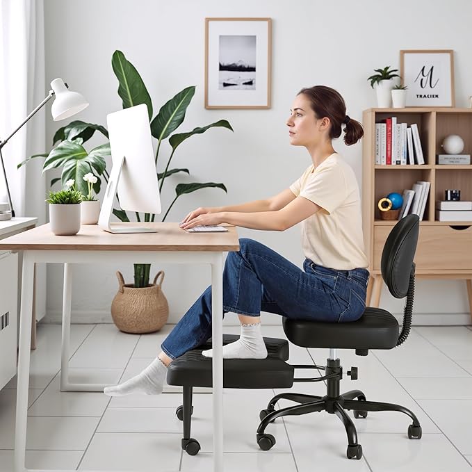 Homall Ergonomic Cross Legged Office Desk Chair with Wheels, 360° Swivel and Adjustable Height for Meditation and ADHD,Criss Cross Kneeling Chair with Lumbar Support (Leather, Black)