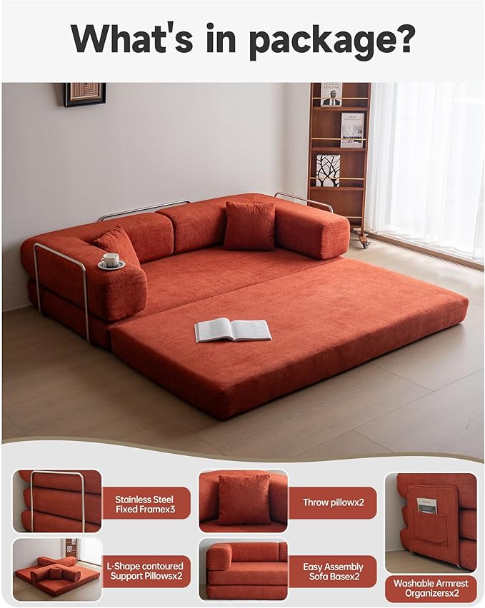 No Assembly Convertible Sofa Bed & 79" Boneless Couch with Pocket , 5-in-1 Futon Sofa Bed with 2 Pillows Modular Pull Out Couch Bed with Frame,Compression in Box for Living Room Small Spaces Orange