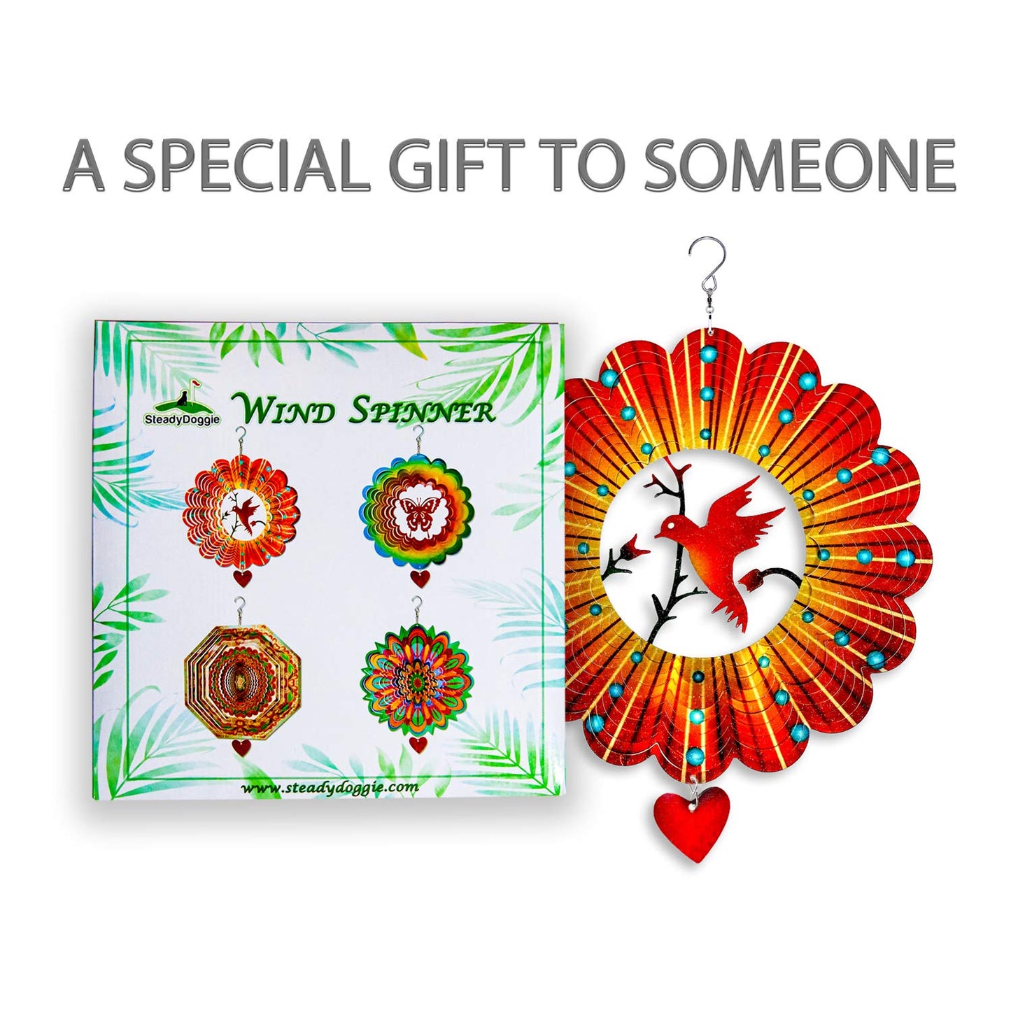 SteadyDoggie Wind Spinner - 12-Inch 3D Stainless Steel Lovebird Design with Heart Pendant - Laser Cut Metal Art Geometric Pattern - Hanging Kinetic Yard Garden Decor