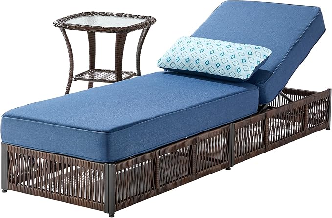 ACTREST Luxury 2PCS Outdoor Chaise Lounge and Side Table Set with 5 Inch Thick Cushions - High Back Brown Wicker Patio Recliners Chairs Lounger for Poolside Pool Porch Garden Sunbathing - Navy Blue