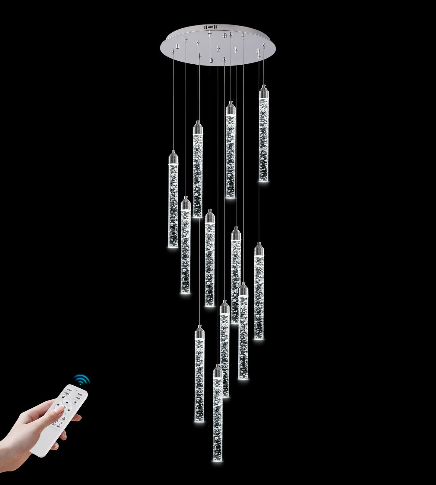 YwueChwu 12-Lights High Ceiling Crystal Staircase Chandelier Chrome, Modern Spiral Raindrop Dimmable LED Bubble Cluster Ceiling Hanging Lighting Fixture for Foyer Living Room Entrance Remote Control