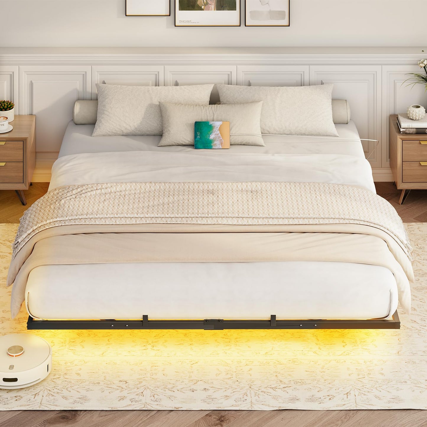HOOBRO Floating Bed Frame King Size, Bed Frame with Charging Station and LED Lights, Industrial Style Metal Platform King Bed, Soundless, No Box Springs Needed, Black