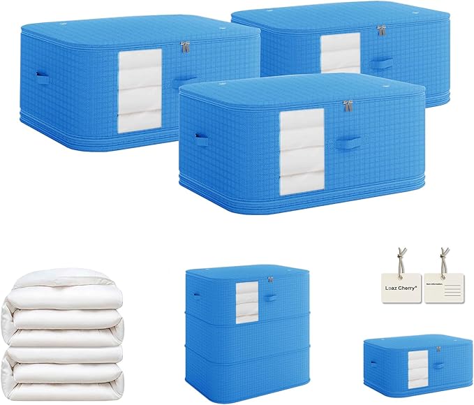 3-Pack Compression Storage Bags, Compressible and Foldable Wardrobe Organizers with Reinforced Handles, Ideal for Storing Clothes, Blankets, Down Comforters, Bed Sheets, Pillows and Toys (Blue)