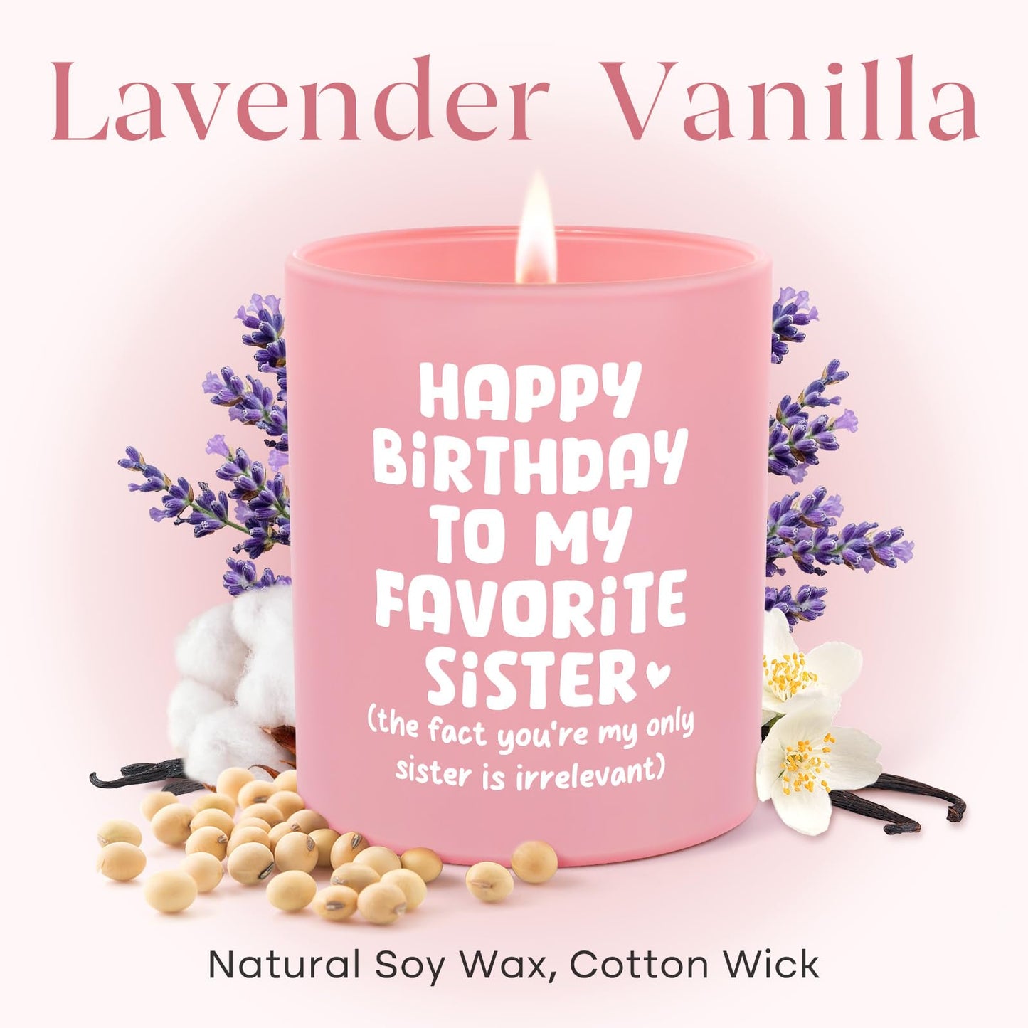 Encoink Funny Sister Birthday Gifts Ideas, Lavender Vanilla Scented Candle Sister Gifts from Sister Brother, Happy Birthday to My Favorite Sister, Pink Jar with Wooden Lid(10oz)