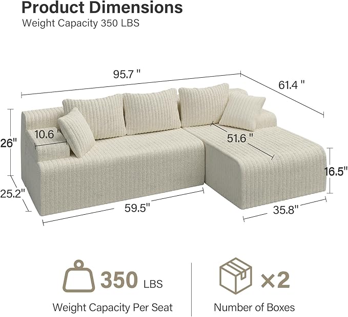 LAUSAINT HOME 96" Modular Sectional Sofa Couches, L-Shaped Boneless Cloud Sofa with 3 Deep Seat, 5 Cushiones Oversized Chaise for Living Room, Bedroom, Plush Corduroy Fabric (Right, Beige)