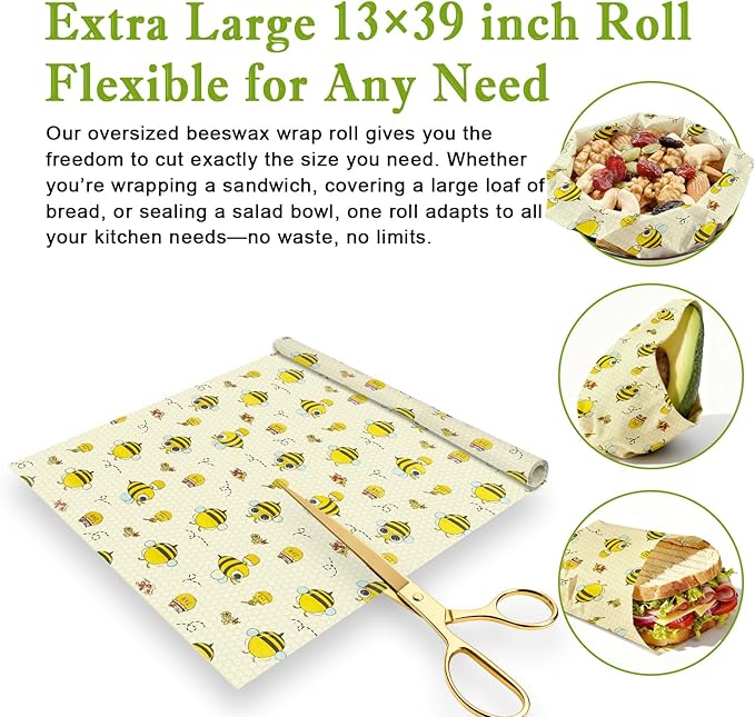 Reusable Beeswax Wraps For Foods, Cheese, Sandwich & Bread- 13 x 39'' Cut to Size - Eco-Friendly Food Storage Alternative to Plastic Wrap & Cheese Paper (Bee Pattern001, 13x39'')