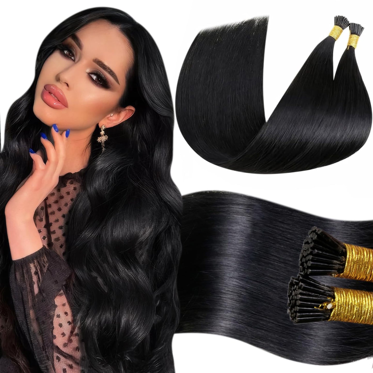 LaaVoo I Tip Hair Extensions Human Hair Black Long I Tips Hair Extensions Real Human Hair 50s 50g 26 Inch
