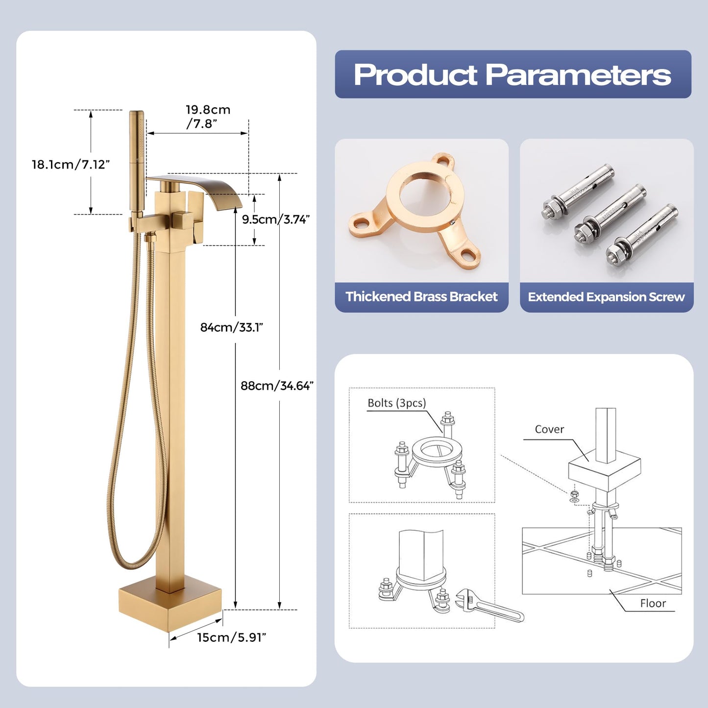 ALGRTS Waterfall Freestanding Bathtub Faucet, Floor Mount Bathroom Tub Filler Shower Faucets with Handheld Sprayer, Brushed Gold