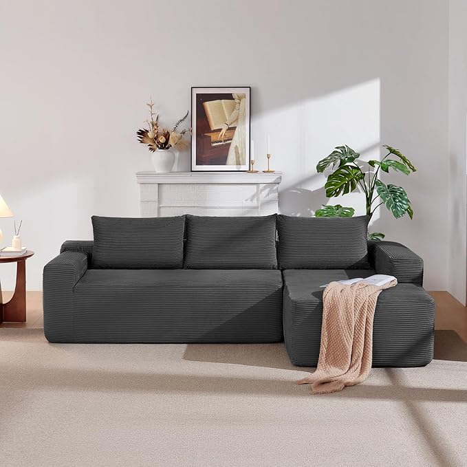 Vanress 97" Cloud Couch Sectional, Corduroy Boneless Couch with L-Shape Chaise,Modern Modular Sectional Sofa Comfy Deep Seat for Living Room, Bedroom, No Assembly (Dark Grey, Right Facing Chaise)